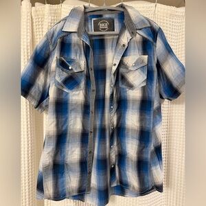 BKE Men's Casual Blue and White Plaid Shirt